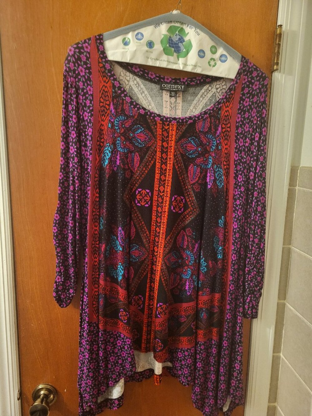 Context Boho Mixed Print Tunic Top Shirt & Asymmetrical Maxi Skirt Set (3X)